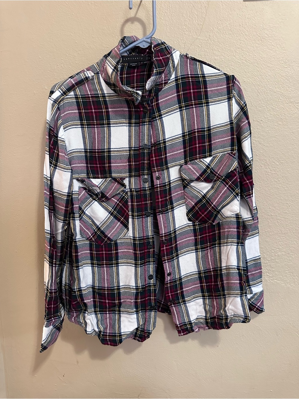 Sanctuary Plaid Button-Down Shirt in Burgundy, White & Black